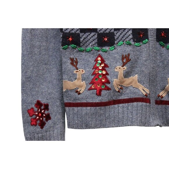 Vintage 90s Holiday Christmas Sweater Small Ramie Wool Zip Embroidered Beaded - Picture 4 of 14